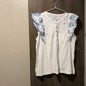 LOFT White Blouse with Blue Embroidery